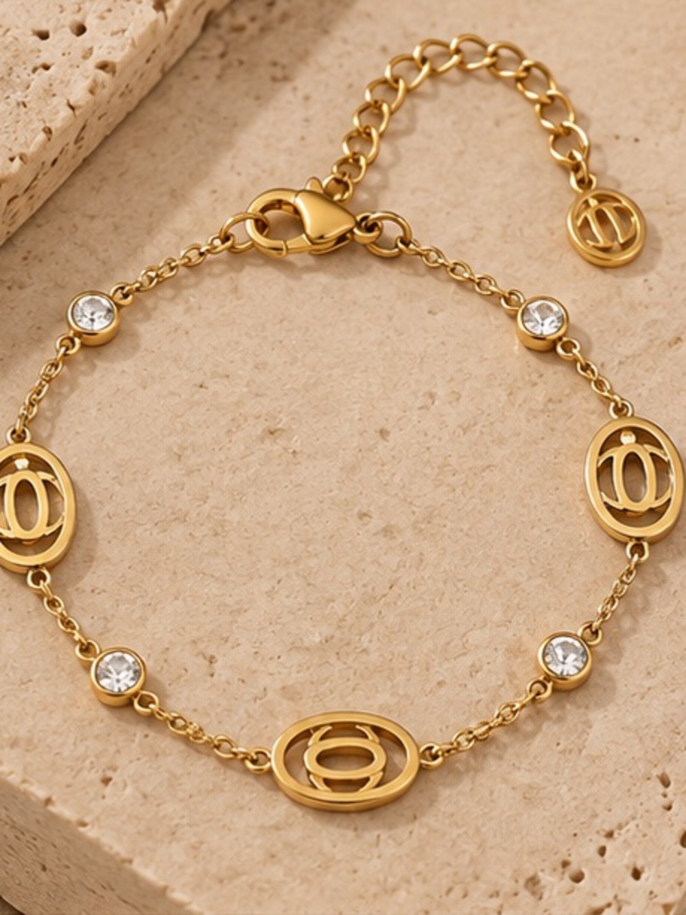 Gold Crystal Oval Charm Bracelet Designer Inspired Adjustable